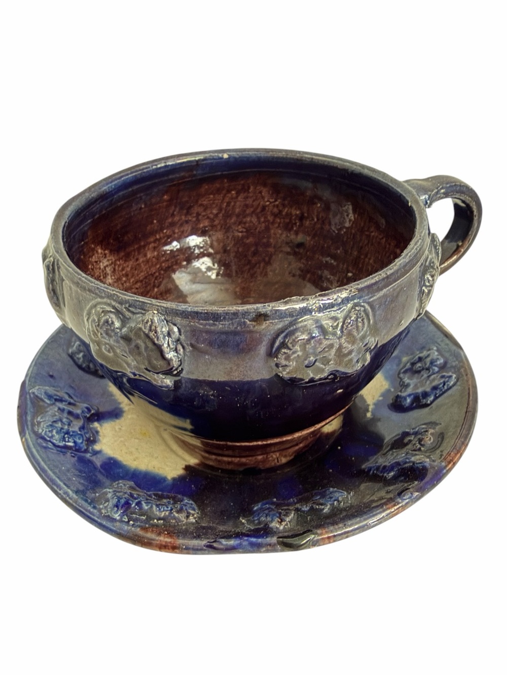 Unmarked Blue Stoneware Art Pottery Tea Cup & Saucer Embossed Set Handmade